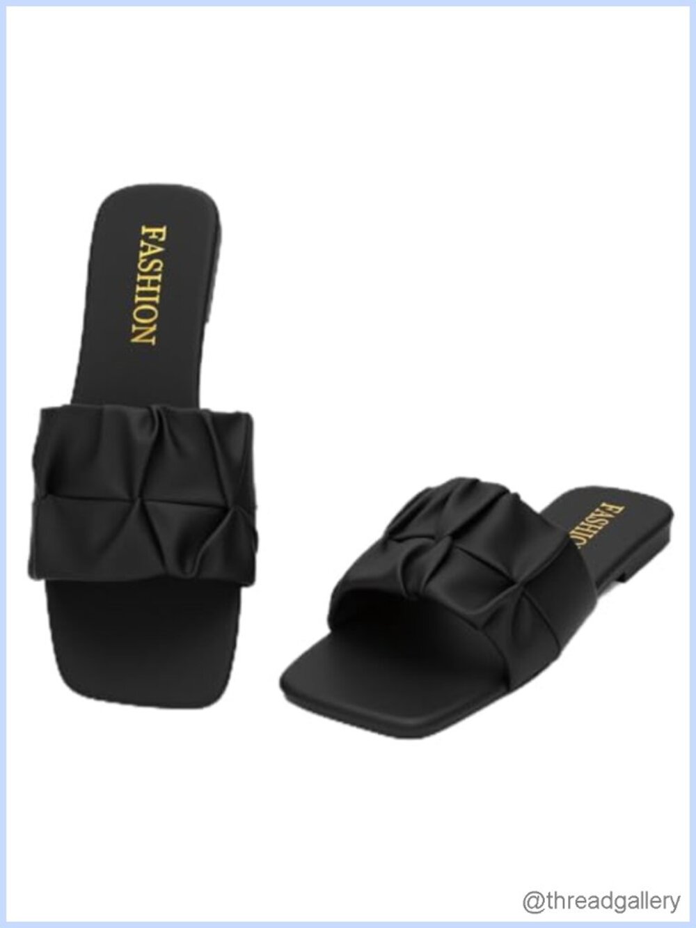 Pleated Square Toe Slide Sandals Flat Faux Leather Summer Wedding